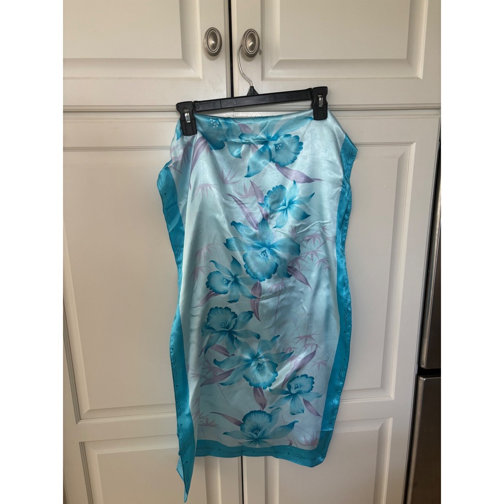 Hanmei Blue Tropical Floral Satin Scarf Rectangular Lily Printโ Aqua Accessory